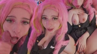 Mitsuri in Kanroji cosplay genießt die Löcher im Schwanz und bekommt einen riesigen Schuss ins Gesicht