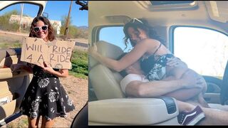 Hot hitchhiker Mädchen in Unterwäsche ohne Muschi, "Ich werde alles für eine Fahrt tun."